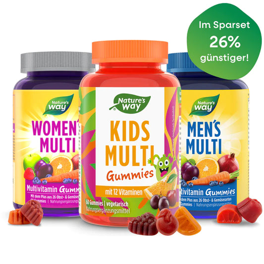 Vitamin Family Set: multivitamin gummies for women, men, and kids with 3 colorful bottles and fruity shapes.
