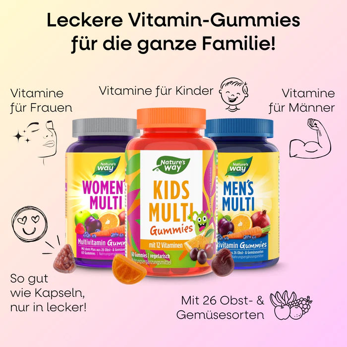 Vitamin Family Set: multivitamin gummies for women, men, and kids with 3 colorful bottles and fruity shapes.