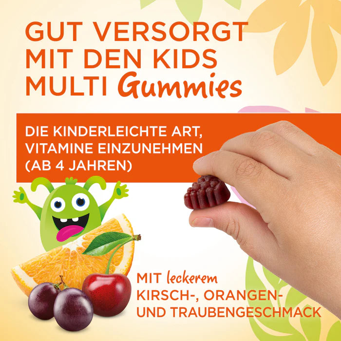 Child holding a red gummy with text promoting vitamins family set