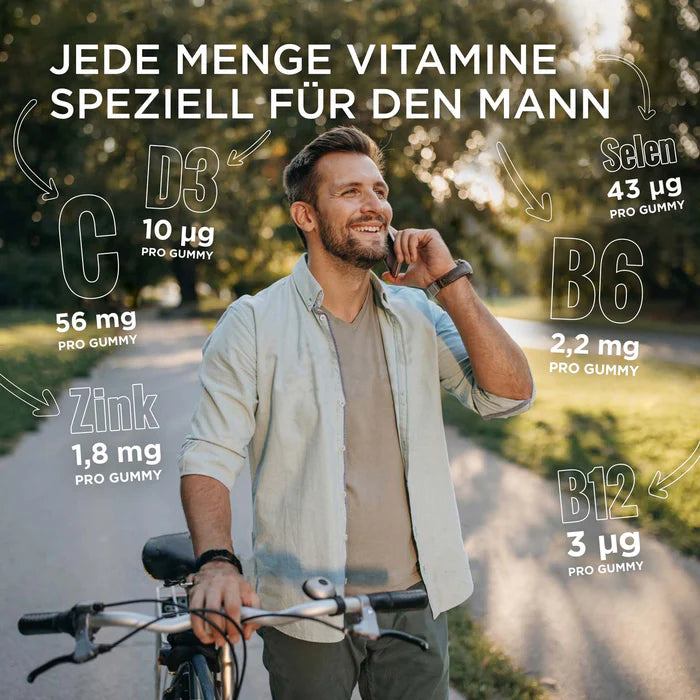 A man talking on the phone while carrying a bicycle, promoting Vitamins Family Set