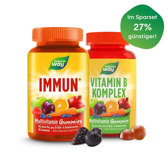 Two colorful bottles of multivitamin gummies by Nature’s Way, one for Immunity and one with Vitamin B complex fruit-decorated
