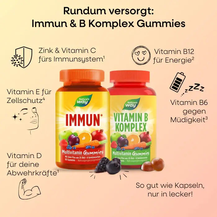 Nature’s Way Immun & Vitamin B Komplex gummies – full vitamin support in fruity form, delicious and easy like never before.