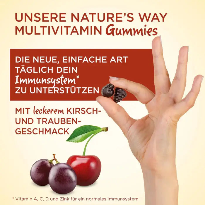 Hand holding two gummies, with cherry and grape flavors, promoting daily immune support with vitamins A, C, D, and Zinc