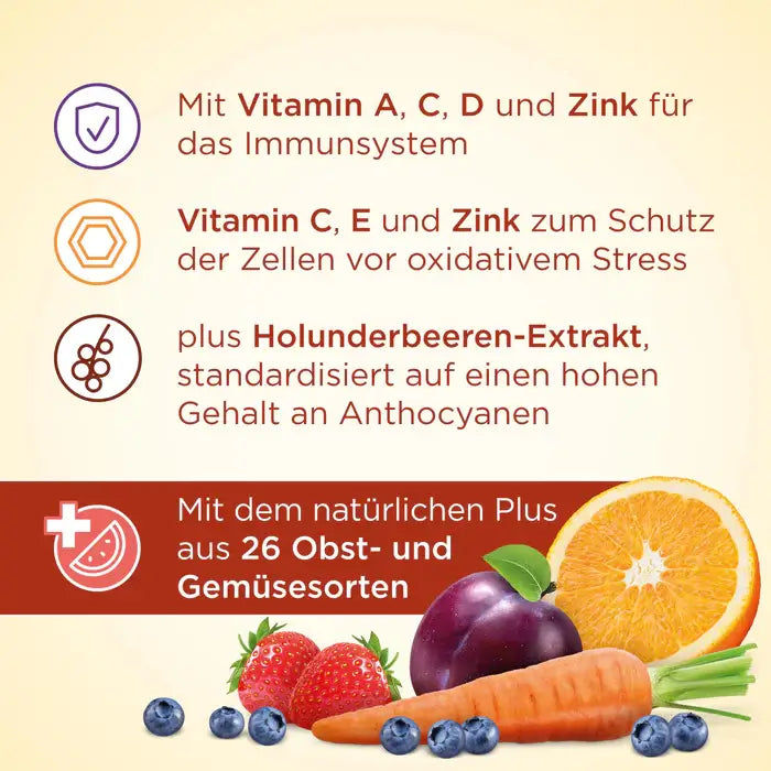 Vitamin-rich formula with A, C, D, E, and zinc plus elderberry and 26 fruits & veggies for immune and cell protection