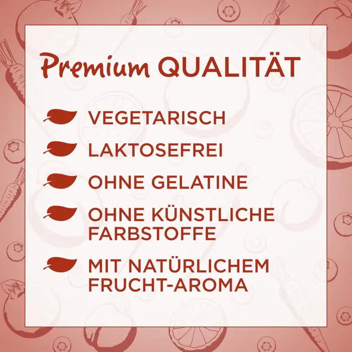 Premium quality: vegetarian, lactose-free, no gelatin, no artificial colors, and flavored with natural fruit aroma