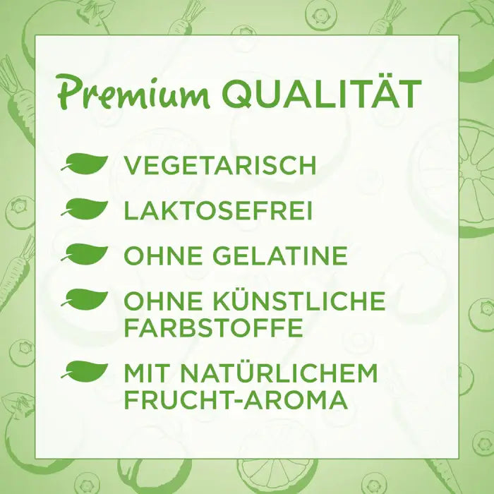 Premium quality: vegetarian, lactose-free, no gelatin, no artificial colors, and flavored with natural fruit aroma