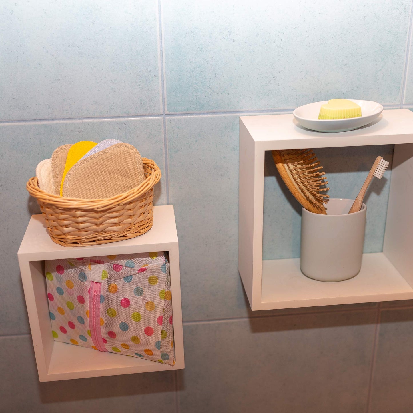 Washable Organic Cotton panty liners with wings stored in the bathroom