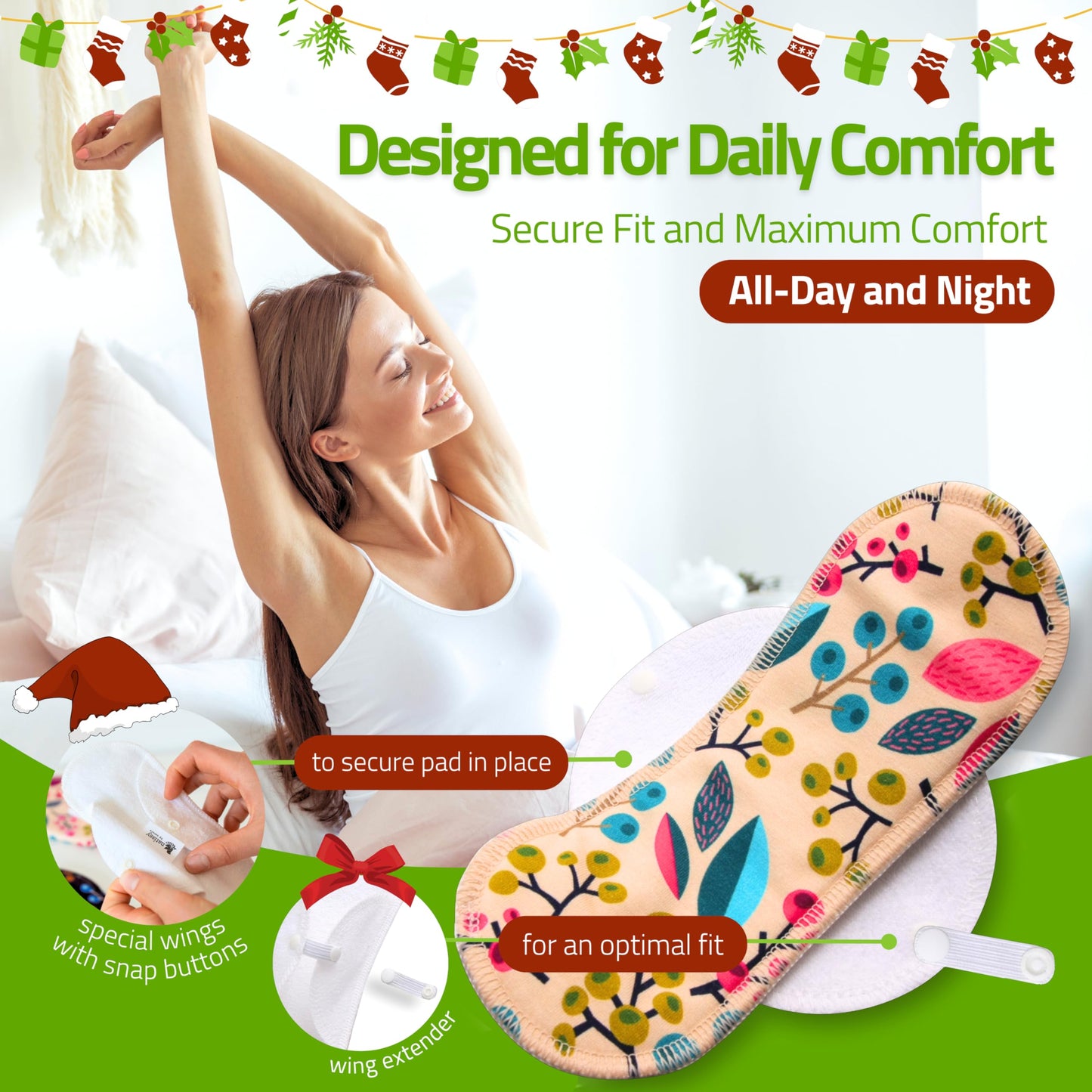 Woman stretching alongside a colorful Washable Organic Cotton panty liners with wings