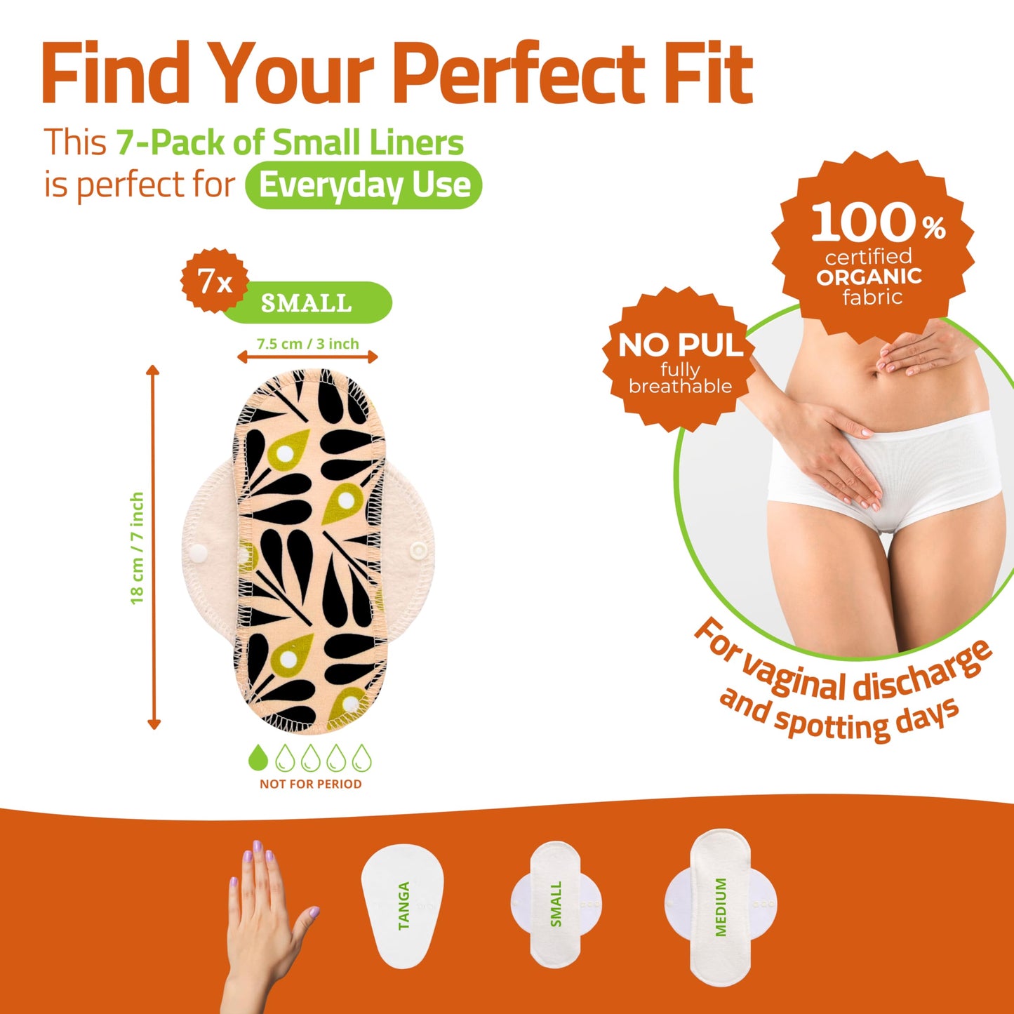 Washable Organic Cotton panty liners with wings size instructions