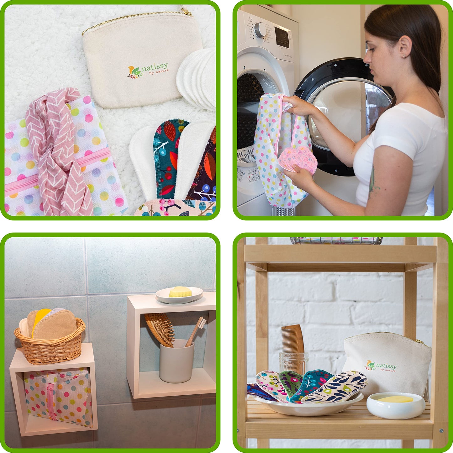 Four images of Washable Organic Cotton panty liners with wings from washing to storing and displaying in a bathroom