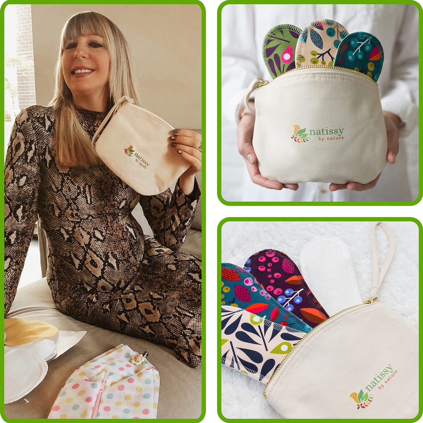 Three images Washable Organic Cotton panty liners with wings