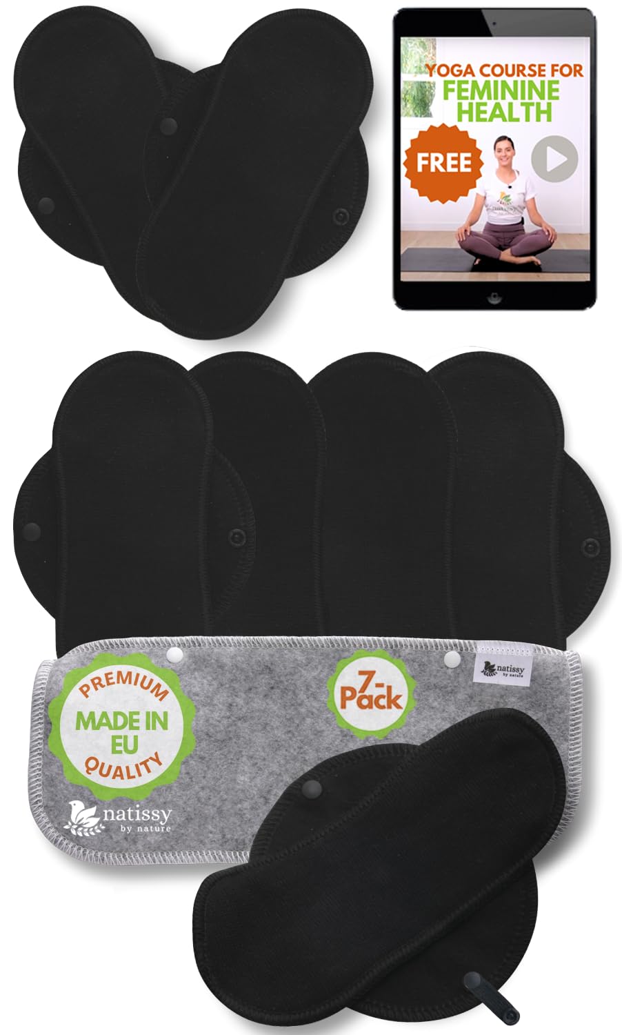 Washable Organic Cotton panty liners with wings black, pack of 7