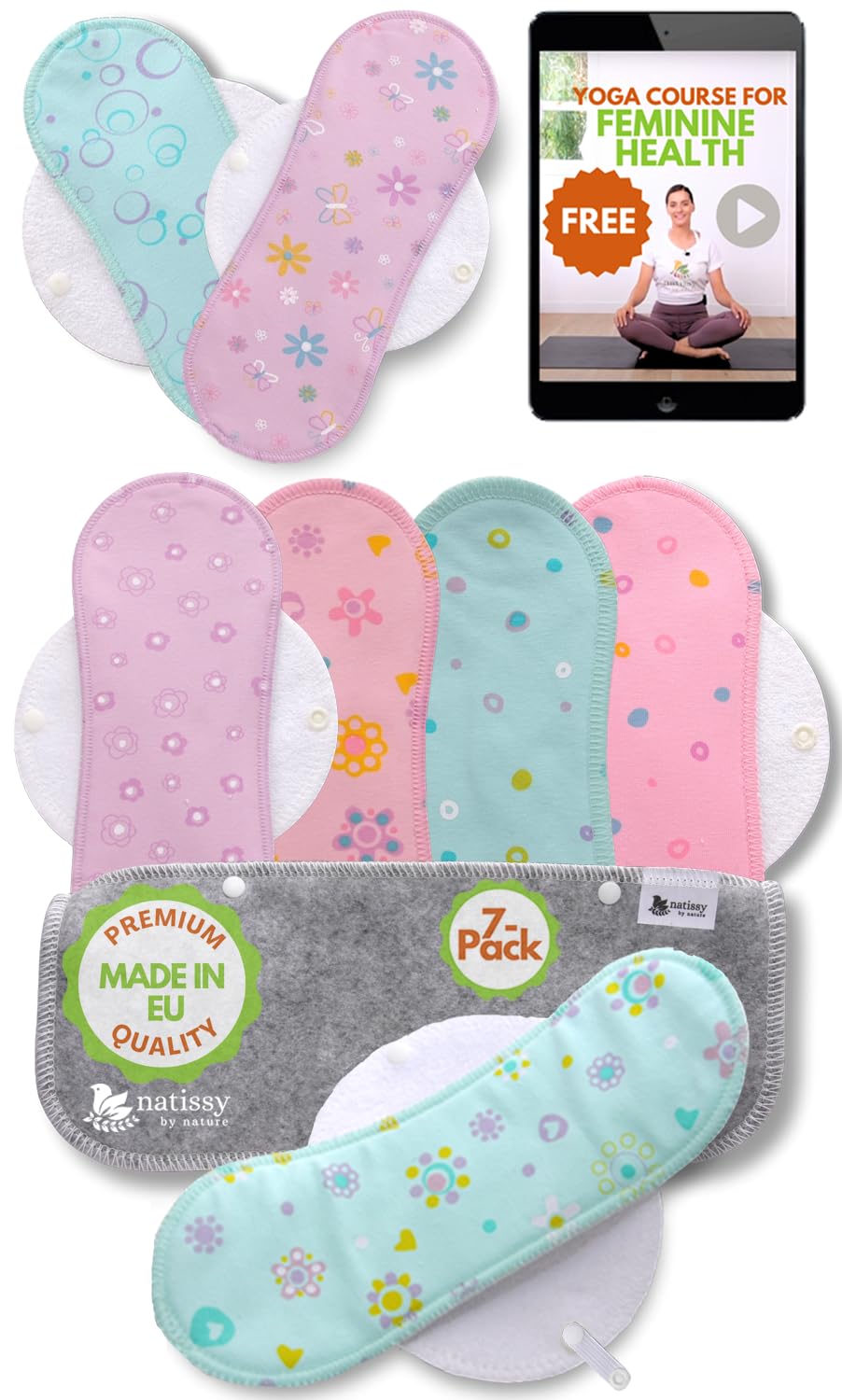 Washable Organic Cotton panty liners with wings, cotton, pack of 7