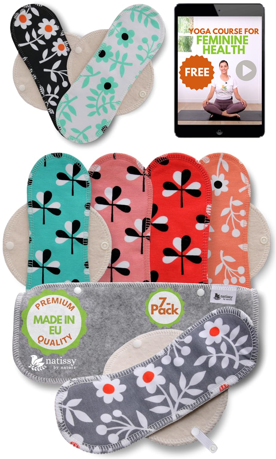 Washable Organic Cotton panty liners with wings with flowers, pack of 7