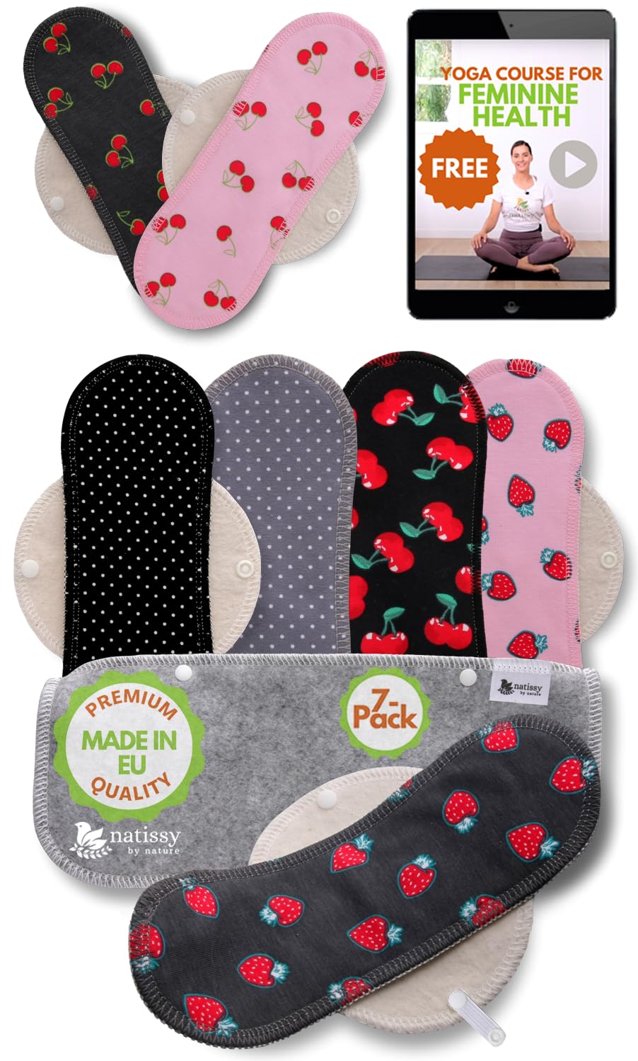 Washable Organic Cotton panty liners with wings, with fruit, pack of 7