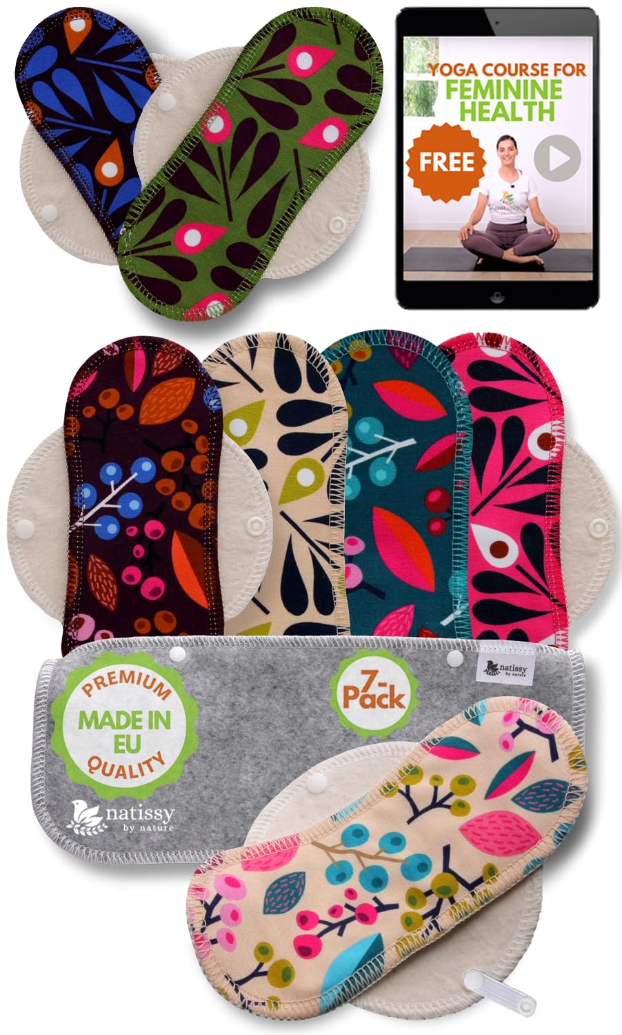 Washable Organic Cotton panty liners with wings mixed, pack of 7