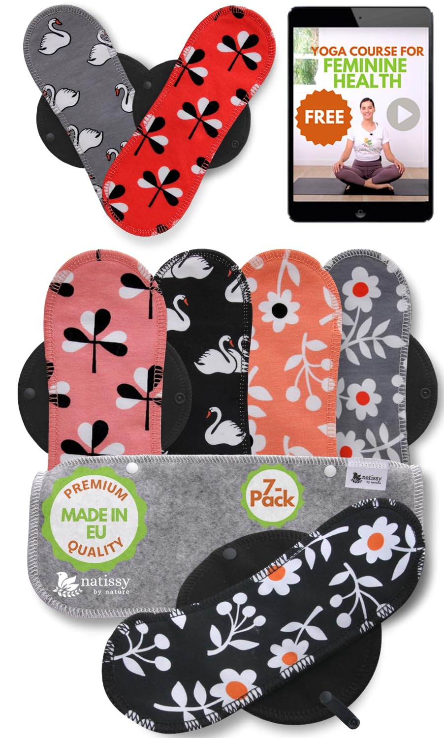 Washable Organic Cotton panty liners with wings, mixed, pack of 7