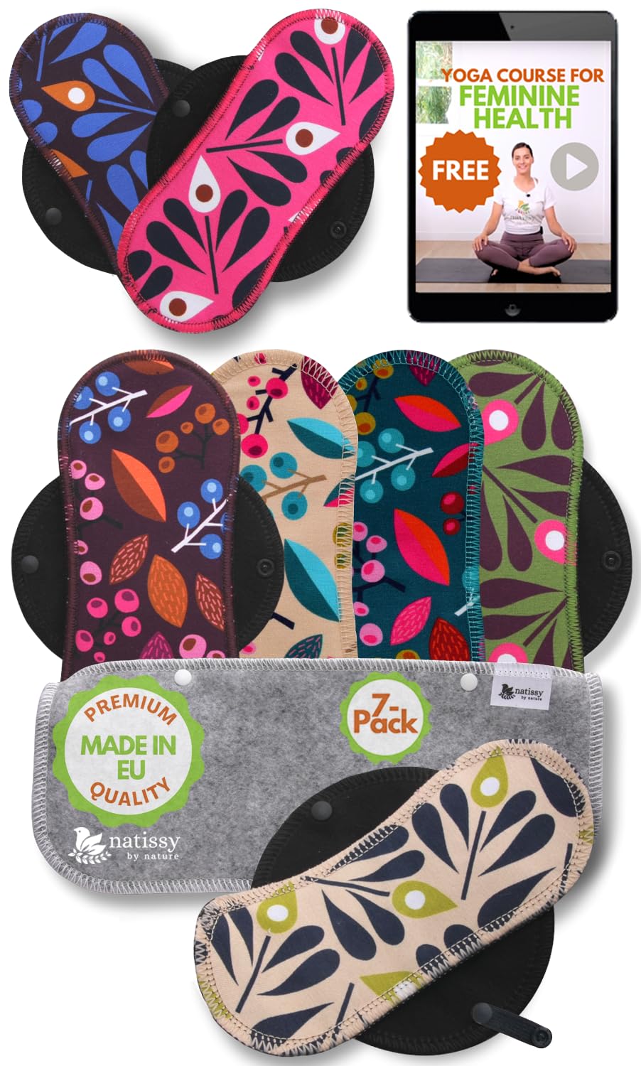 Washable Organic Cotton panty liners with wings, with plants, pack of 7