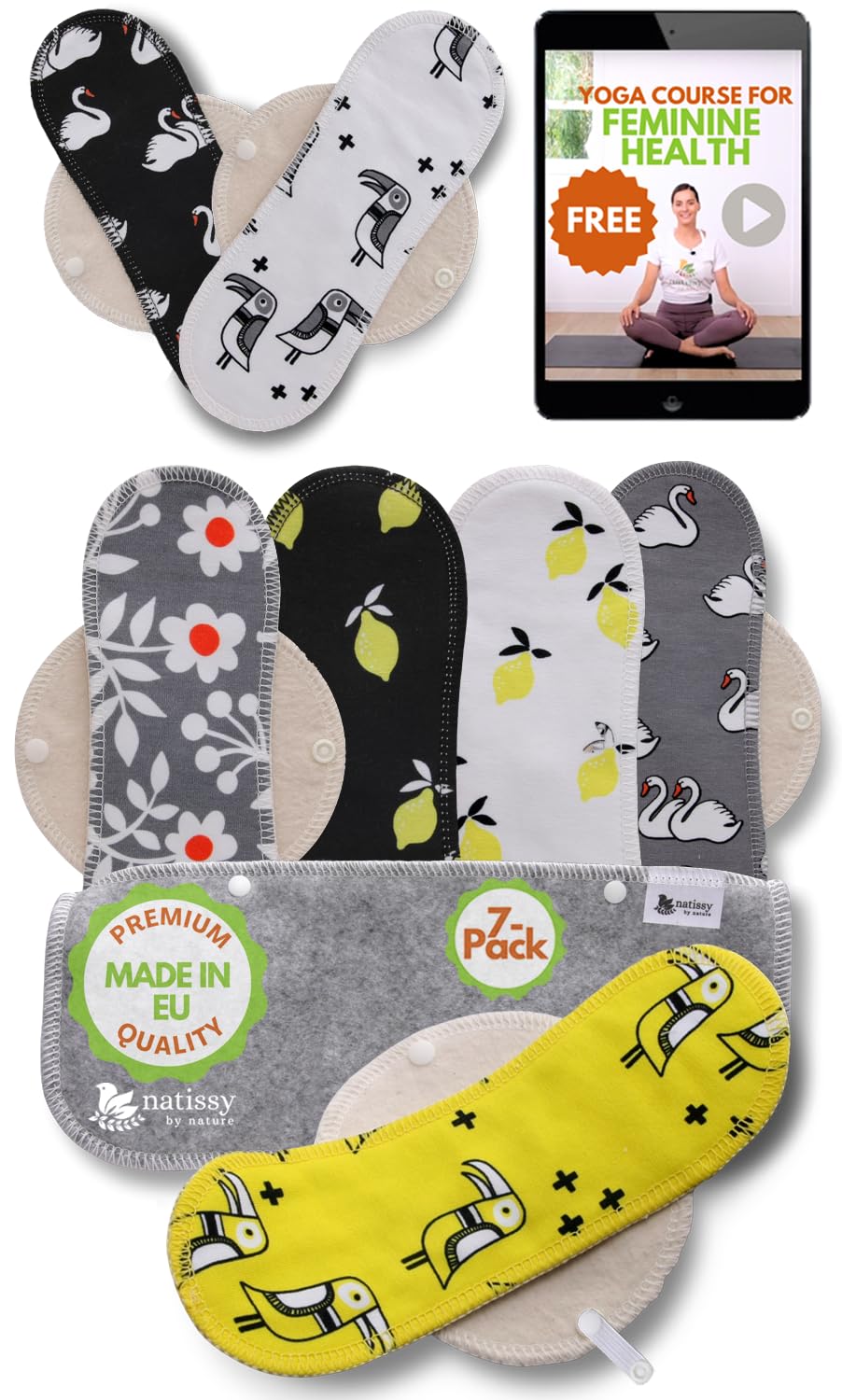Washable Organic Cotton panty liners with wings, with swan, pack of 7