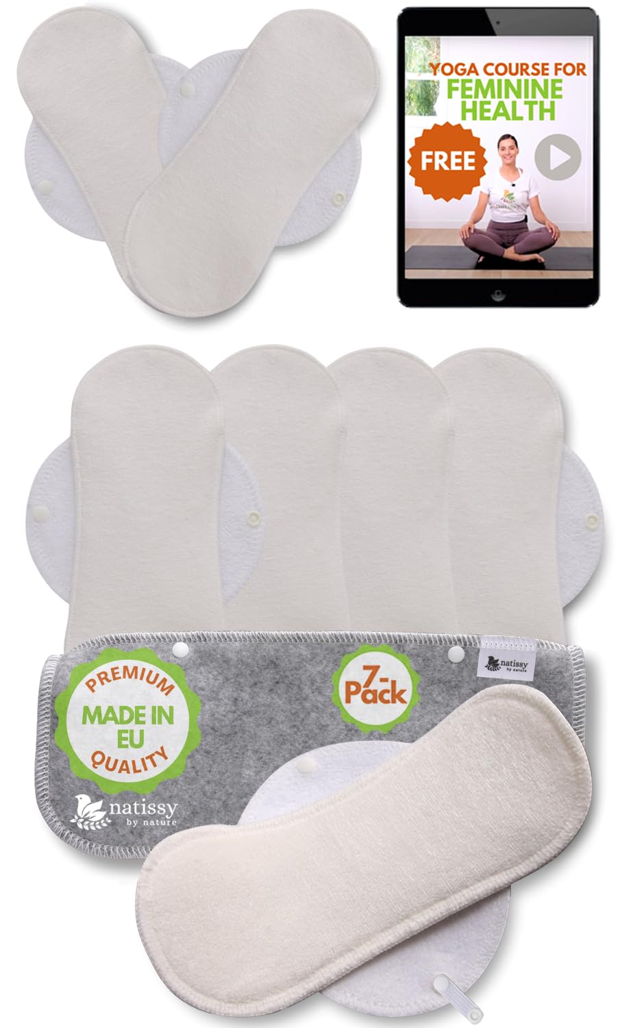 Washable Organic Cotton panty liners with wings white, pack of 7