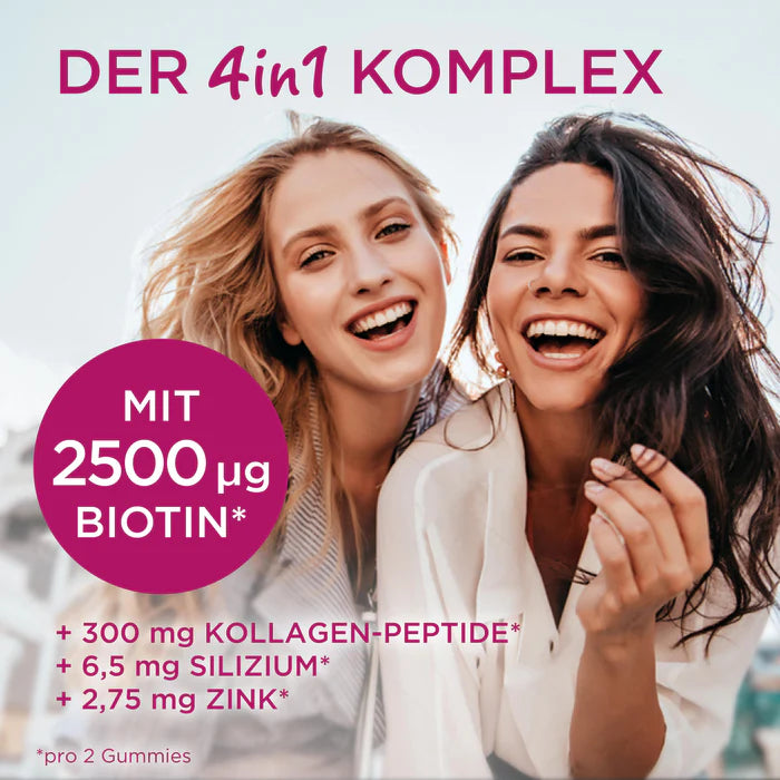 Two smiling women showcase the 4-in-1 beauty formula with 2500 μg biotin, collagen peptides, silica, and zinc per 2 gummies.