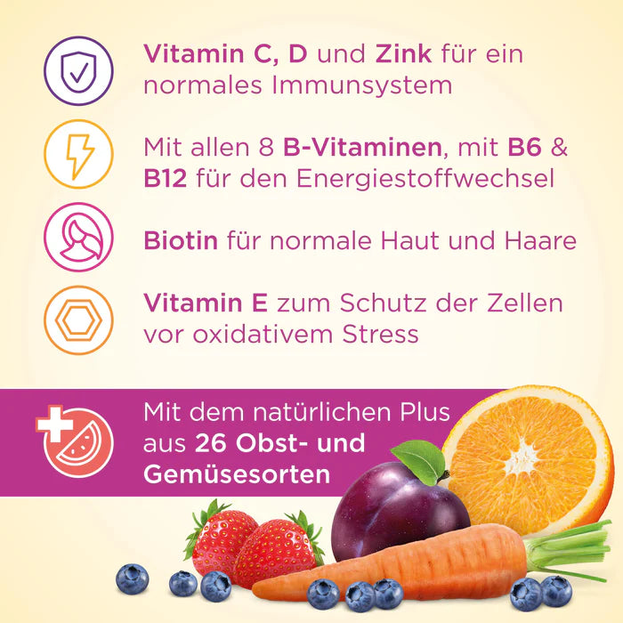 Vitamin-rich formula with A, C, D, E, and zinc plus elderberry and 26 fruits & veggies for immune and cell protection