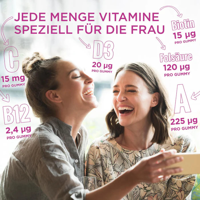 Packed with C, D3, B12, Biotin & more gummies made to support women’s daily health with delicious ease.