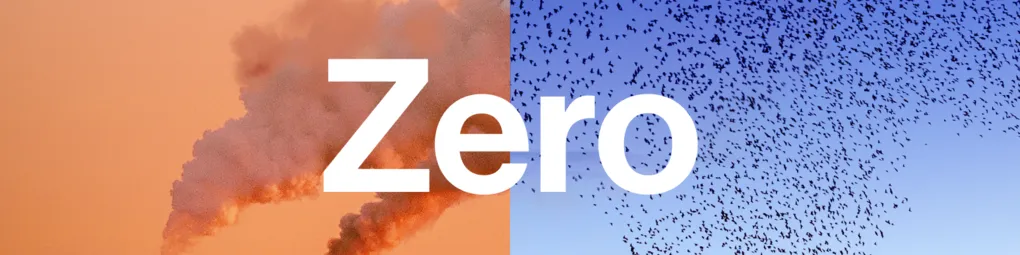 Left side shows smoke, right side a flock of birds in clear sky from Zero podcast cover