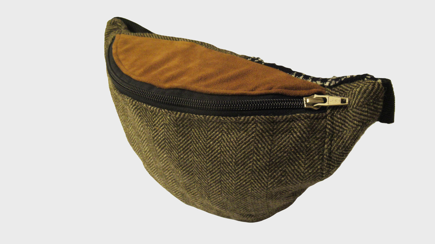 Zig Zag upcycled brown tweed bum bag. Made from repurposed textiles