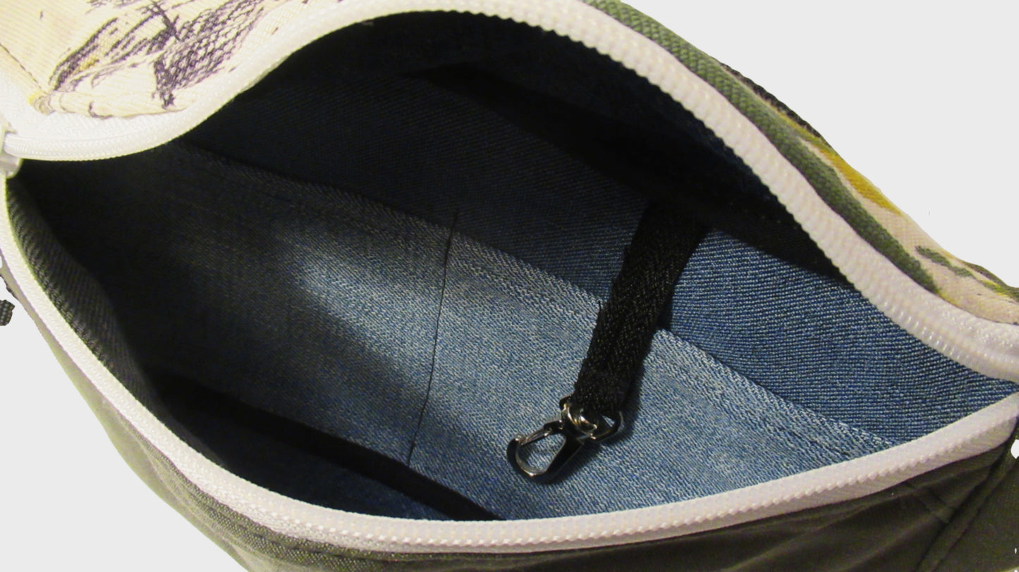 Zig Zag upcycled dark green bum bag inside. Made from repurposed textiles