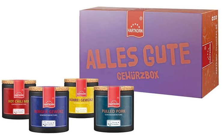 Alles Gute Spice Box for Him with 4 bold jars: Hot Chili, Burger, Pulled Pork & Scrambled Egg spice blends.