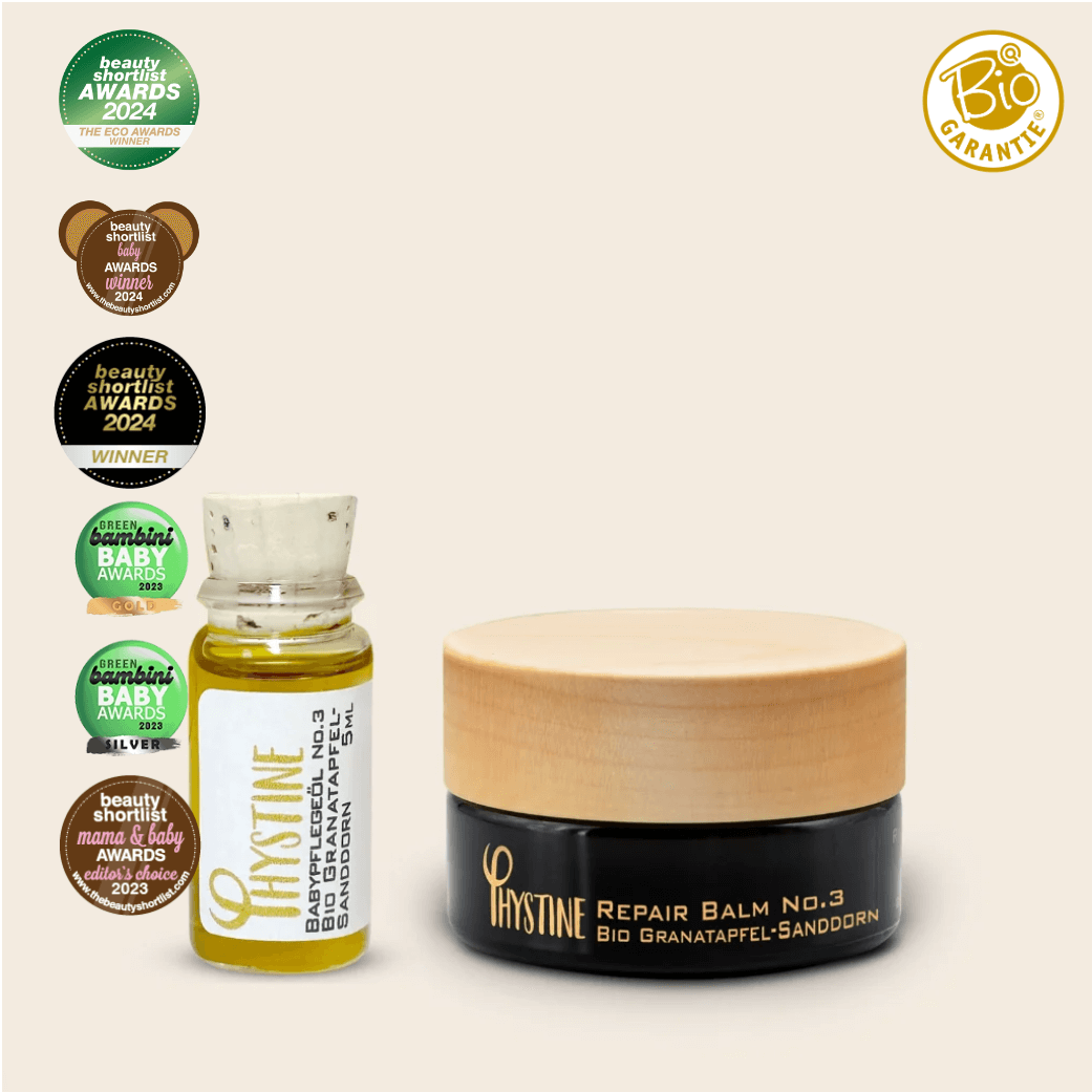 Phystine Baby Care Set with Baby Oil and Repair Balm No.3 in eco-friendly glass jars with wooden lids