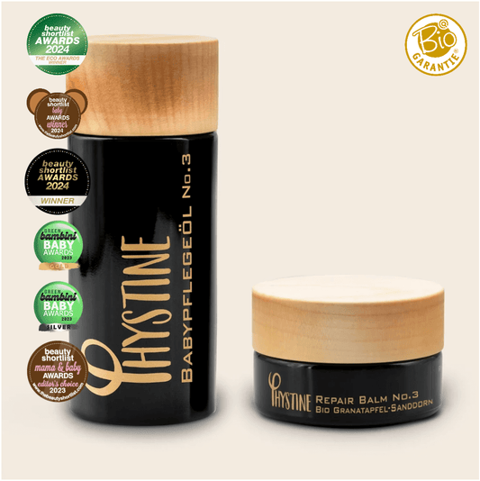 Phystine Baby Care Set with Baby Oil and Repair Balm No.3 in eco-friendly glass jars with wooden lids