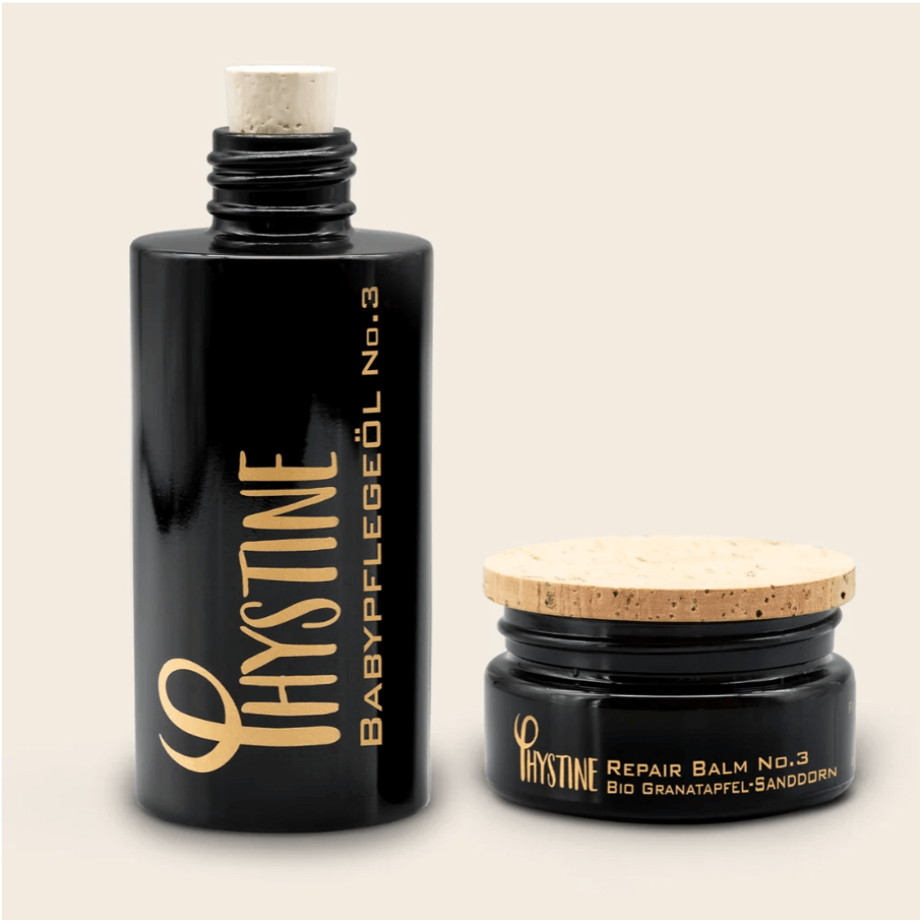 Phystine Baby Care Set with Baby Oil and Repair Balm No.3 in eco-friendly glass jars with cork lids