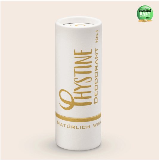 Phystine Deodorant No.1 in eco-friendly paper packaging, natural formula with jojoba oil and shea butter, plastic-free