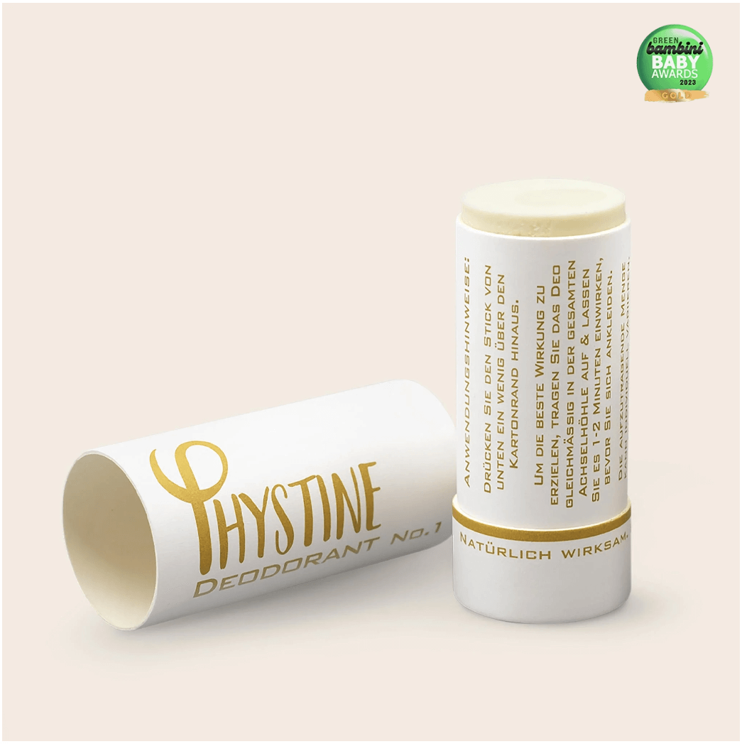 Phystine Deodorant No.1 in eco-friendly paper packaging open, natural formula with jojoba oil and shea butter, plastic-free
