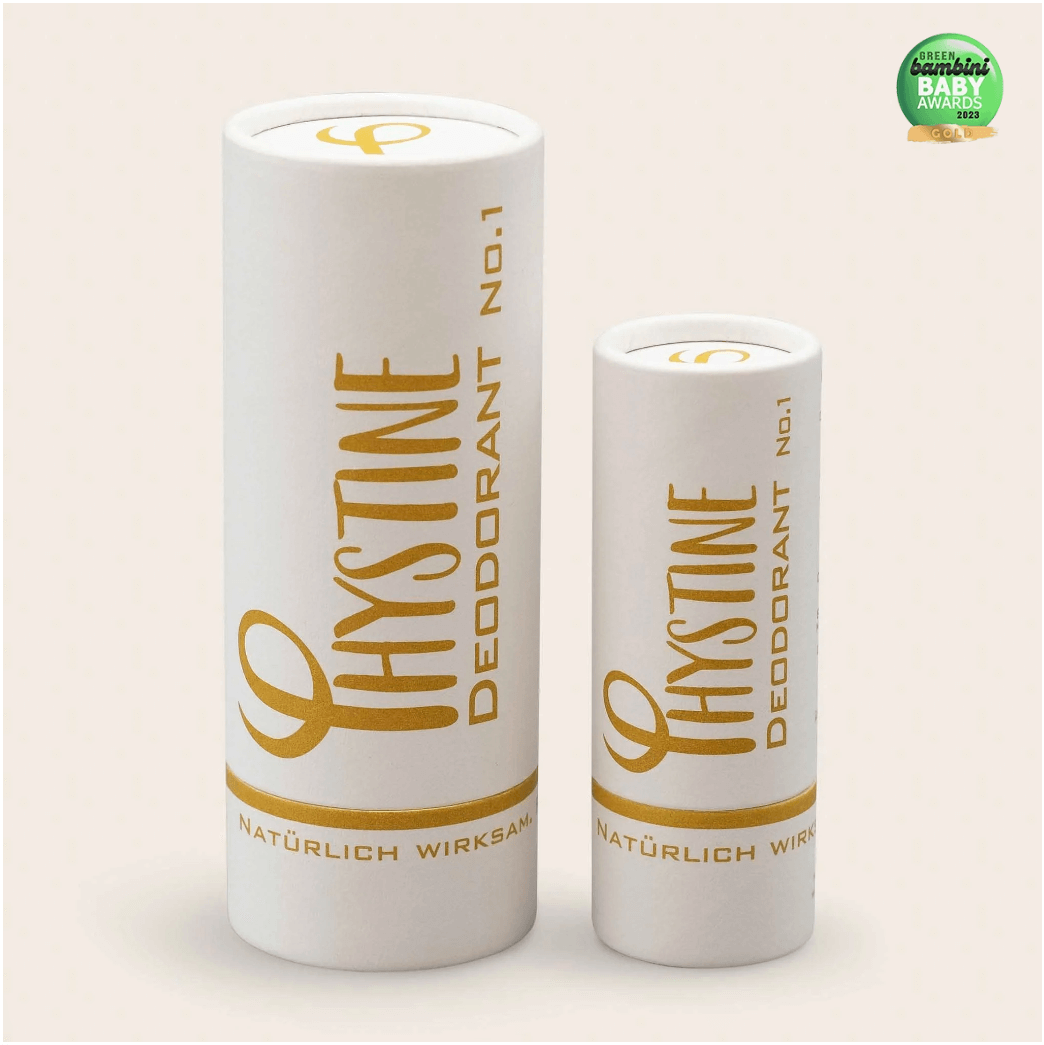 Two Phystine Deodorant No.1 in eco-friendly paper packaging, natural formula with jojoba oil and shea butter, plastic-free