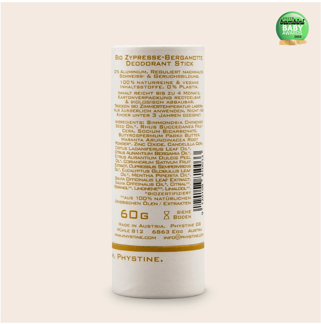 Phystine Deodorant No.1 in eco-friendly paper packaging back, natural formula with jojoba oil and shea butter, plastic-free