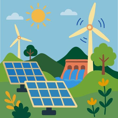 Illustration of solar panels, wind turbines, and a hydroelectric dam with mountains and trees in the background.2