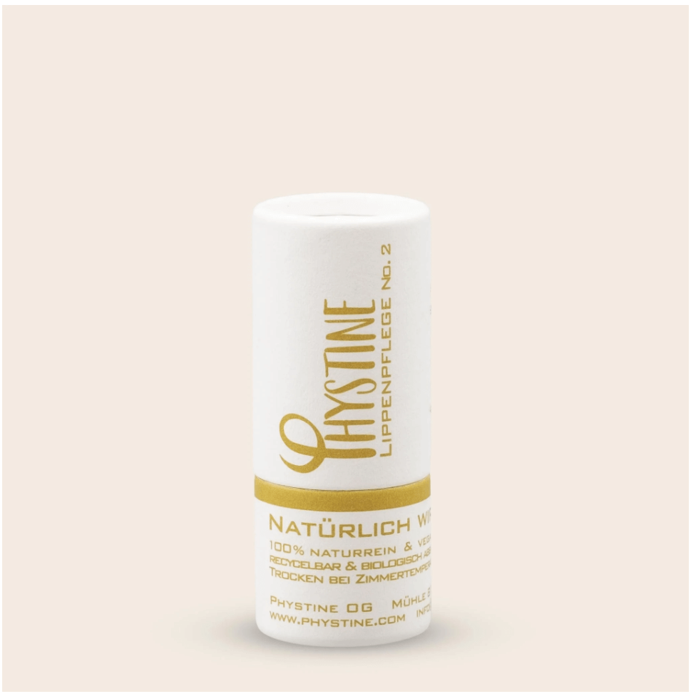 Phystine Lip Care No.2 in eco-friendly packaging, a natural, vegan lip balm with orange and sea buckthorn for soft lips.