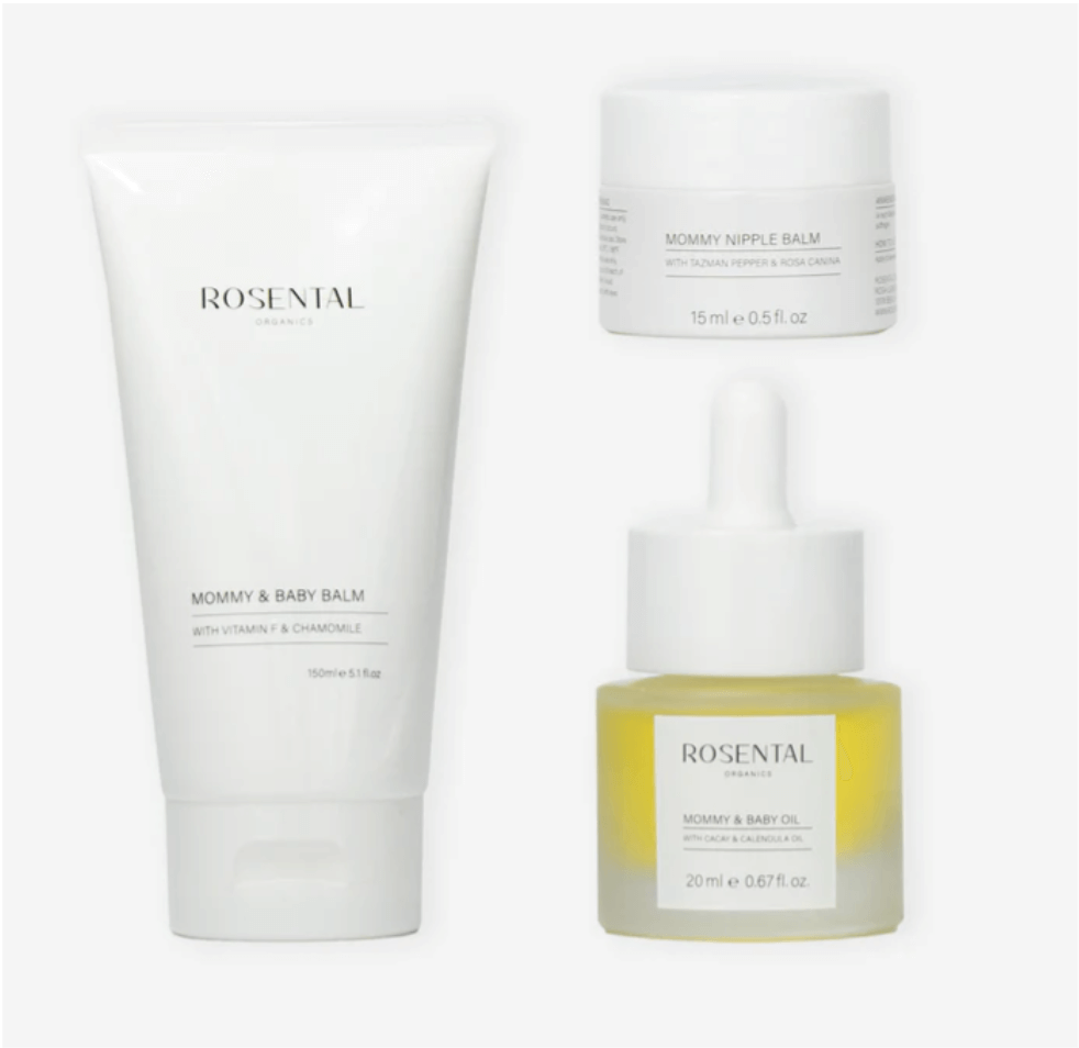 Rosental Mommy & Baby Care Set with balm, nipple balm, and baby oil, made from natural ingredients, safe during breastfeeding.