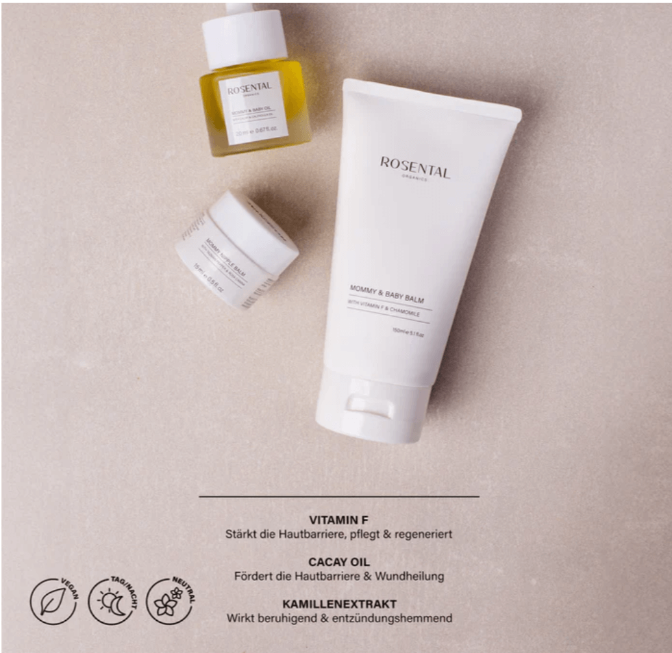 Rosental Mommy & Baby Care Set with balm, nipple balm, and baby oil, made from natural ingredients, safe during breastfeeding on netrual background