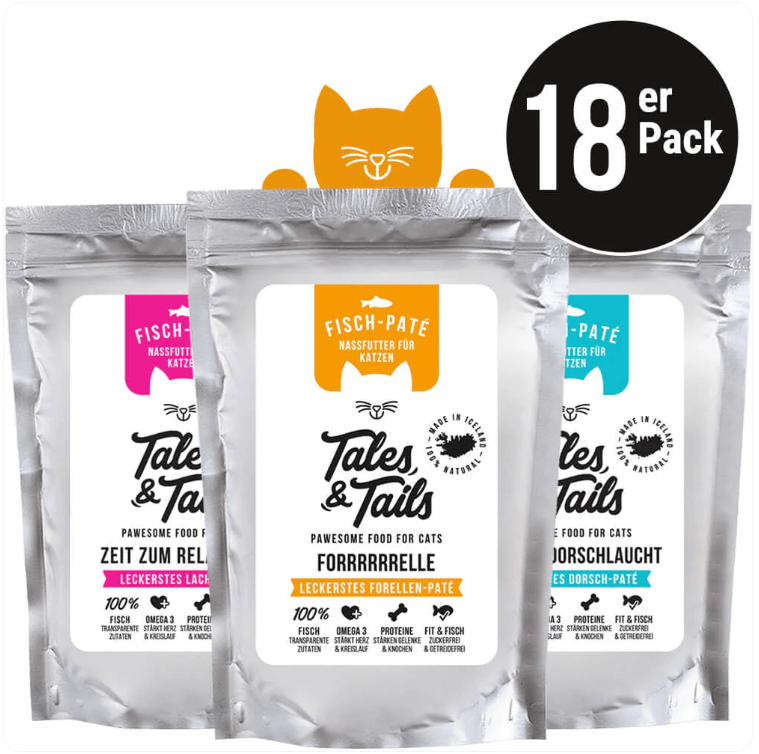 Three silver cat food pouches by Tales & Tails. Fish pate flavors: salmon, trout, cod. Orange cat graphic