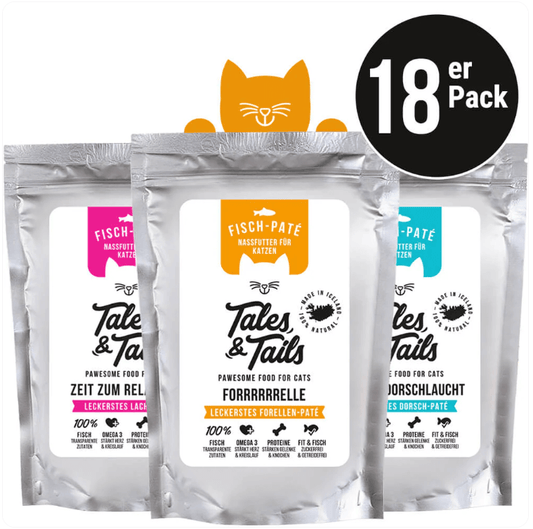 Three silver cat food pouches by Tales & Tails. Fish pate flavors: salmon, trout, cod. Orange cat graphic