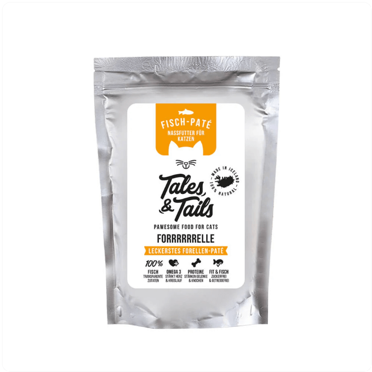 Single silver Tales & Tails cat food pouch, trout flavor. White label, orange cat logo