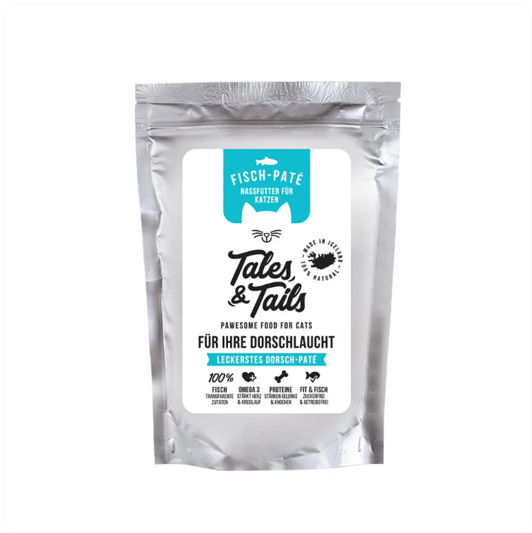 Single silver Tales & Tails cat food pouch, cod flavor. White label, orange cat logo