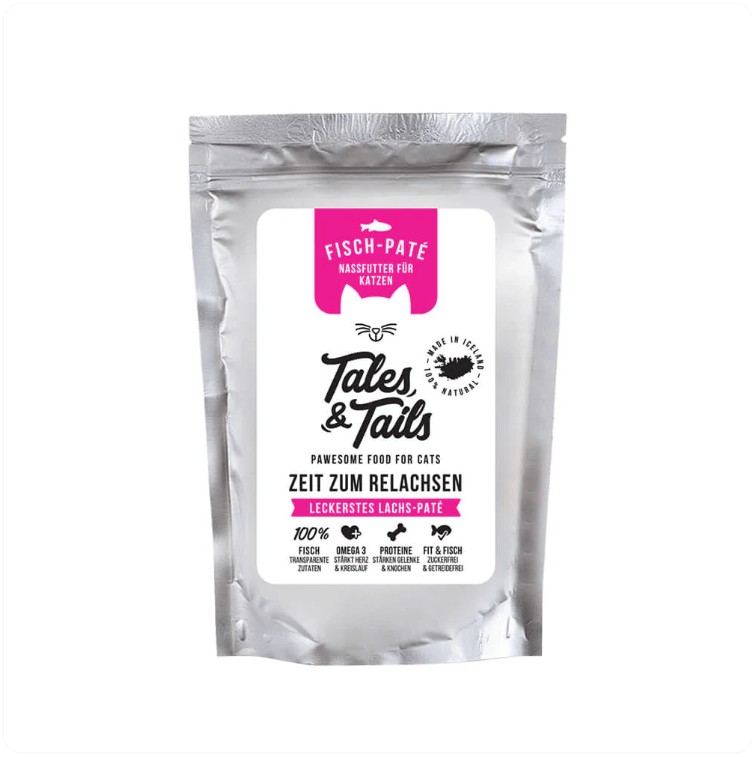 Single silver Tales & Tails cat food pouch, salmon flavor. White label, orange cat logo