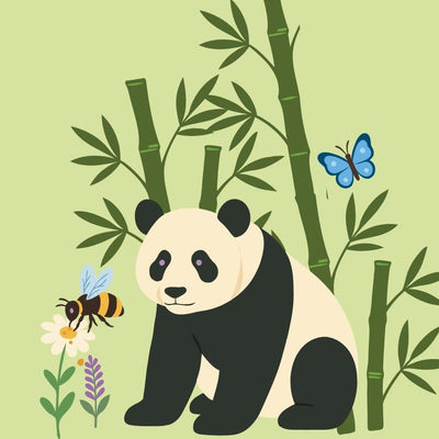 Illustration of a panda bear with bamboo, flowers, and a butterfly on a green background1