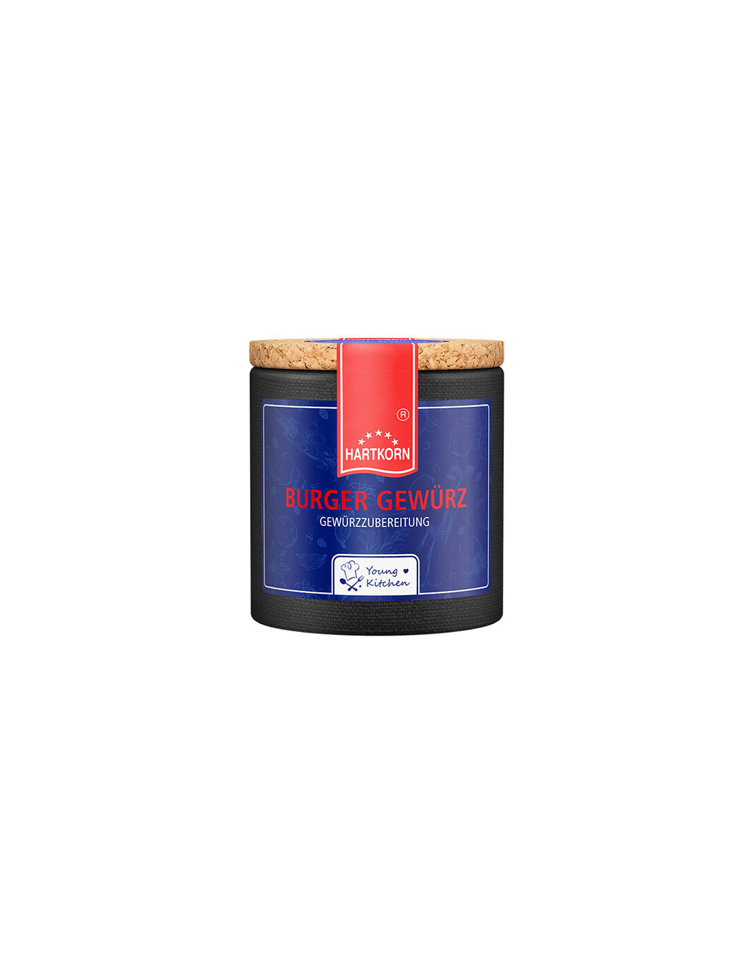 Burger Gewurz spice in a stylish dark jar with a cork lid and red label elegant seasoning for gourmet creations.