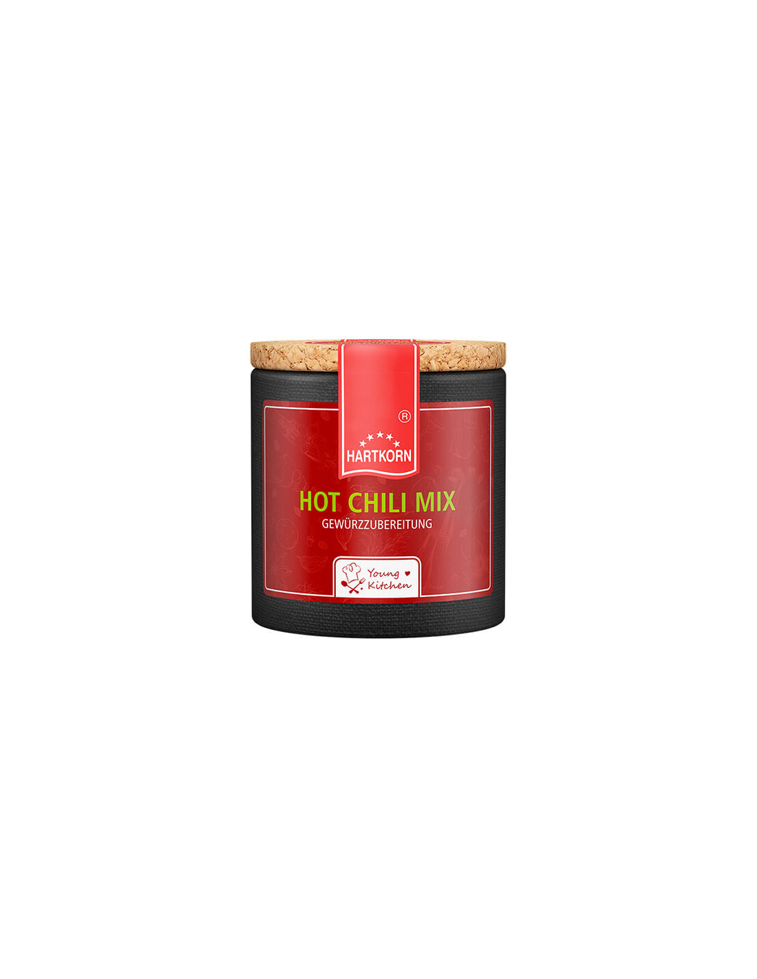 Hot Chili Mix spice in a stylish dark jar with a cork lid and red label elegant seasoning for gourmet creations.